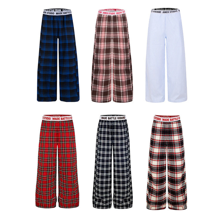 Ladies Wide Lounge Pants with Check Pattern and Elastic Logo Waistband Mune Fashion