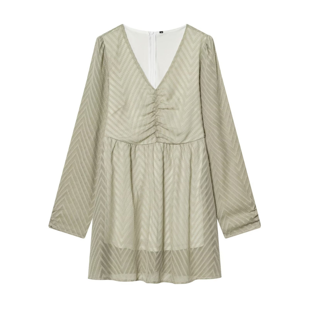 Women V-Neck Mini Dress with Jacquard Texture and Ruffled Waist Mune Fashion