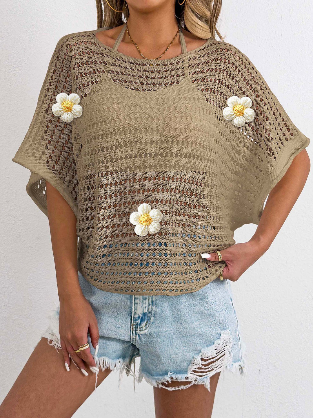 Women's casual crochet top with decorative flower details