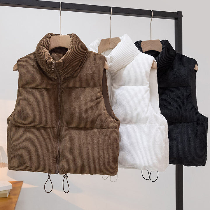 Women's padded cord quilted vest with stand-up collar and drawstring Mune Fashion
