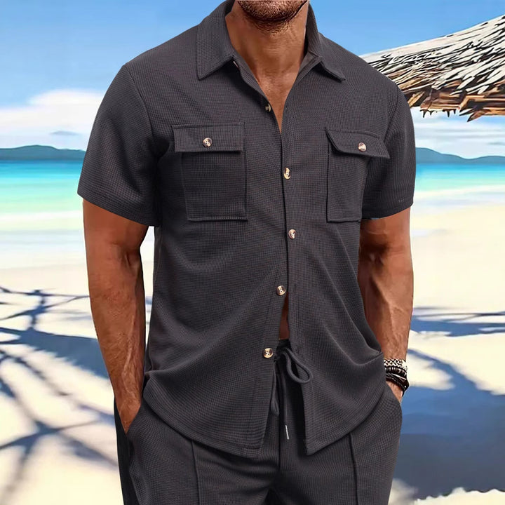 Men's structured waffle lounge set with shirt jacket, chest pockets and corded pants Mune Fashion