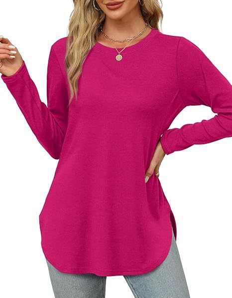 Women's Casual Long Sleeve Tunic Top with Round Neck, Side Slits and Watercolor Leaf Print Mune Fashion