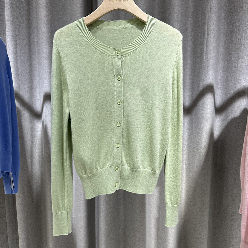 Women Fine Round Neck Fine Knit Cardigan with Slim Silhouette & Extended Cuffs Mune Fashion