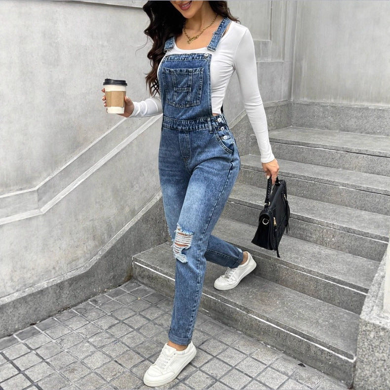 Women's denim dungarees with sculpting high waist, side decorative button plackets and ripped knee section Mune Fashion