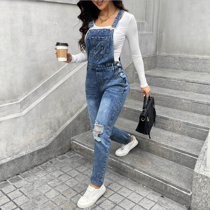 Women's denim dungarees with sculpting high waist, side decorative button plackets and ripped knee section Mune Fashion