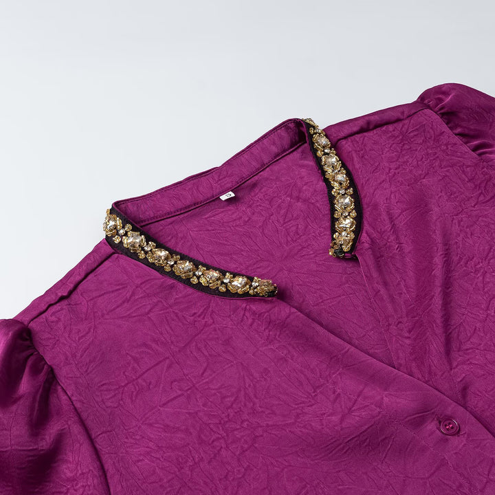 Women's Shimmering Blouse with Decorated Jewelry Collar and Gathered Balloon Sleeves Mune Fashion