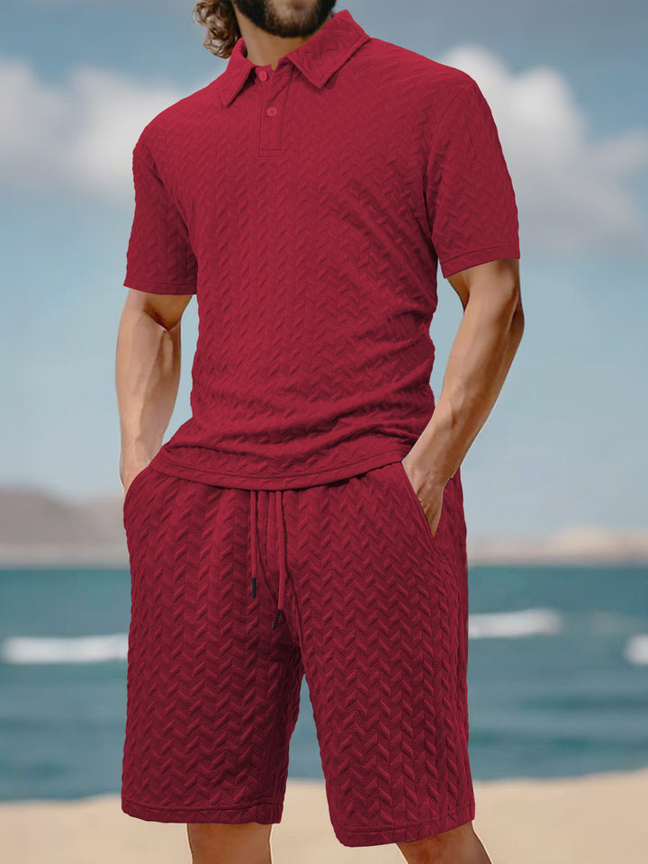 Men's embossed beach ensemble with open short sleeve shirt and cord Bermuda Mune Fashion