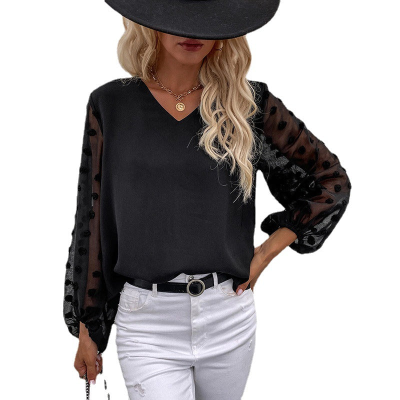 Women's chiffon blouse with sheer puff sleeves and 3D pompom details Mune Fashion
