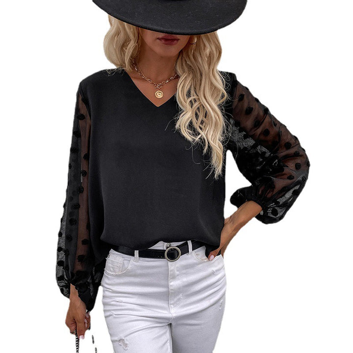 Women's chiffon blouse with sheer puff sleeves and 3D pompom details Mune Fashion