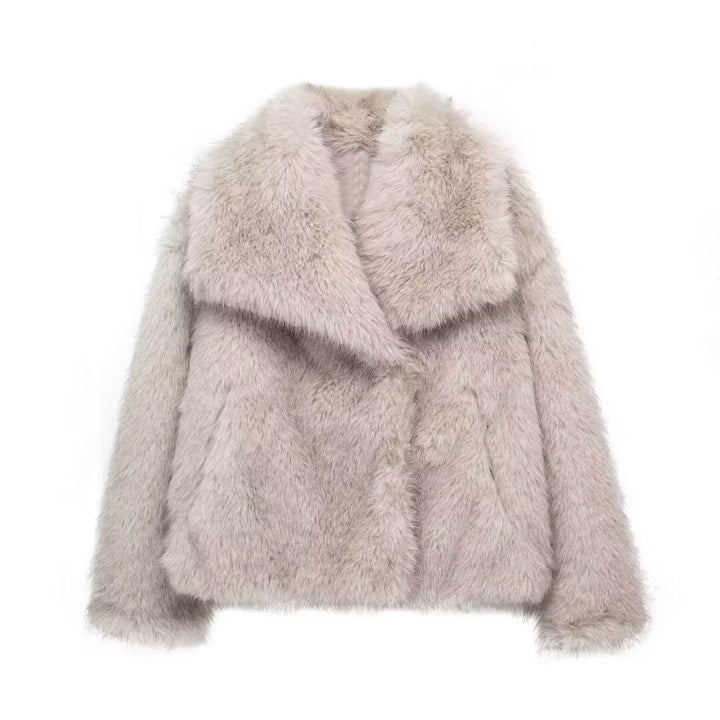 Women Short Faux Fur Jacket with Voluminous Shawl Collar Mune Fashion
