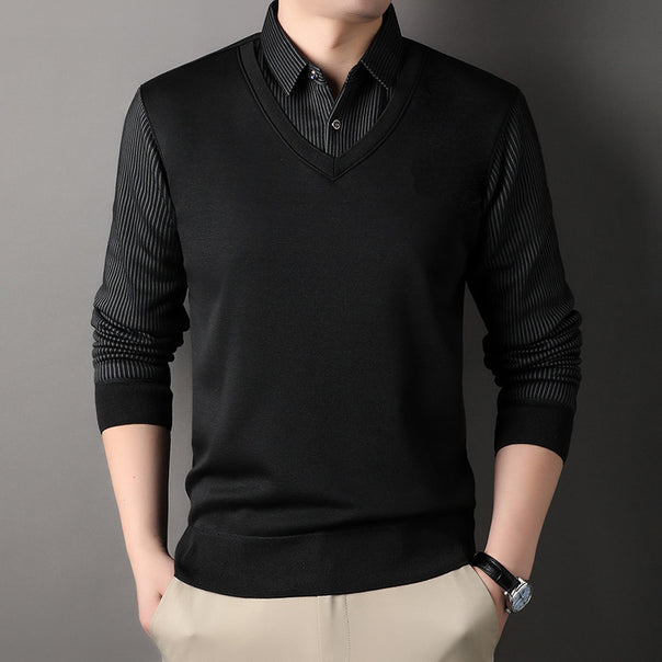 Men's fine knit pullover with V-neck and shirt collar look Mune Fashion
