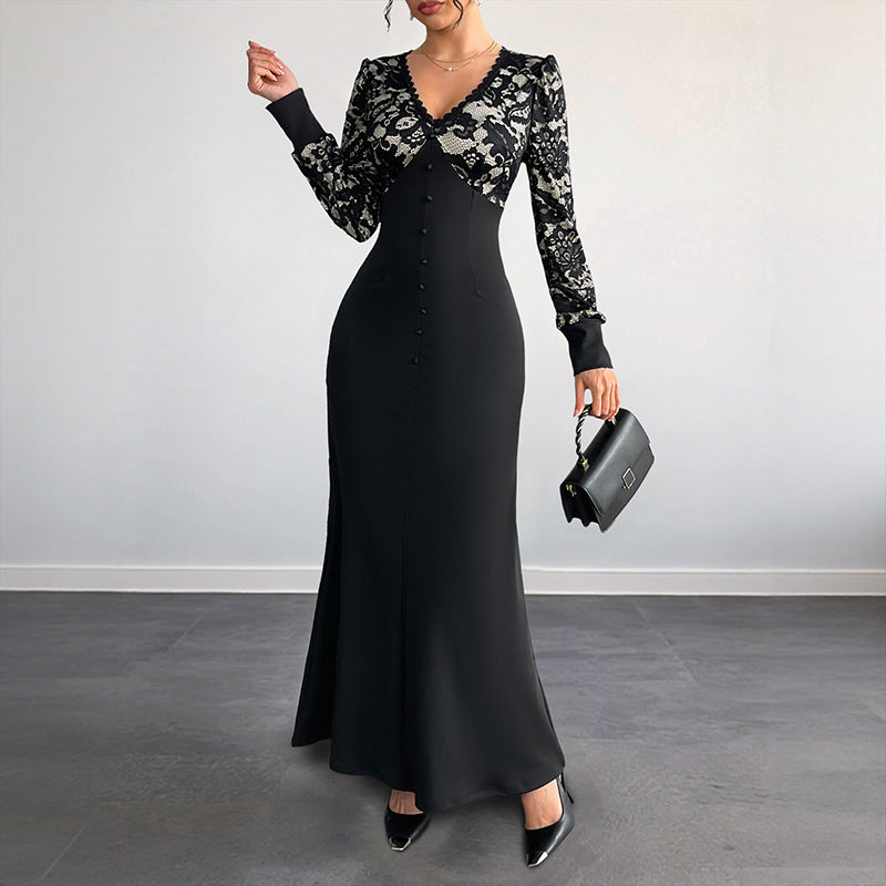 Women Figure-hugging Maxi Dress with Lace Top, V-Neck and Decorative Button Placket Mune Fashion