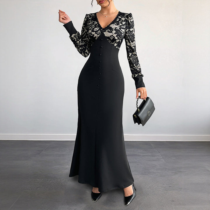 Women Figure-hugging Maxi Dress with Lace Top, V-Neck and Decorative Button Placket Mune Fashion