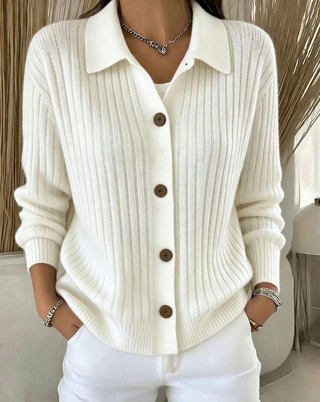 Women's Fine Ribbed Button Cardigan with Shirt Collar and Boxy Silhouette Mune Fashion