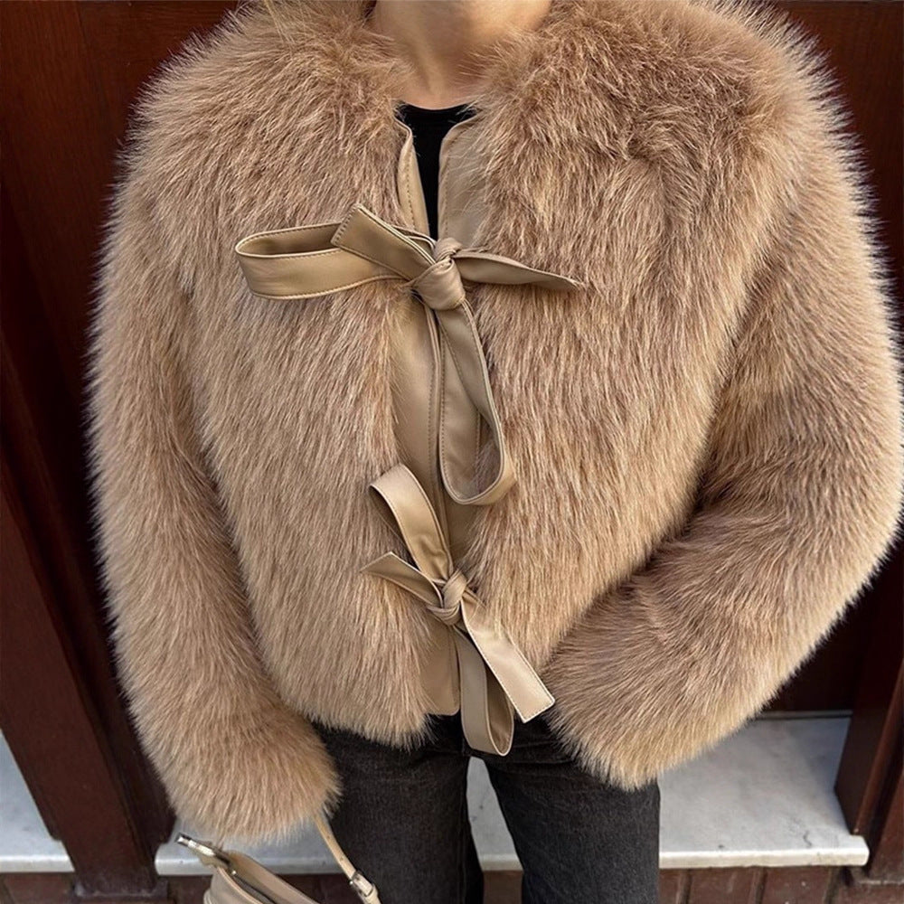 Women's Short Cut Faux Fur Coat with Decorative Ribbons and Boxy Silhouette Mune Fashion