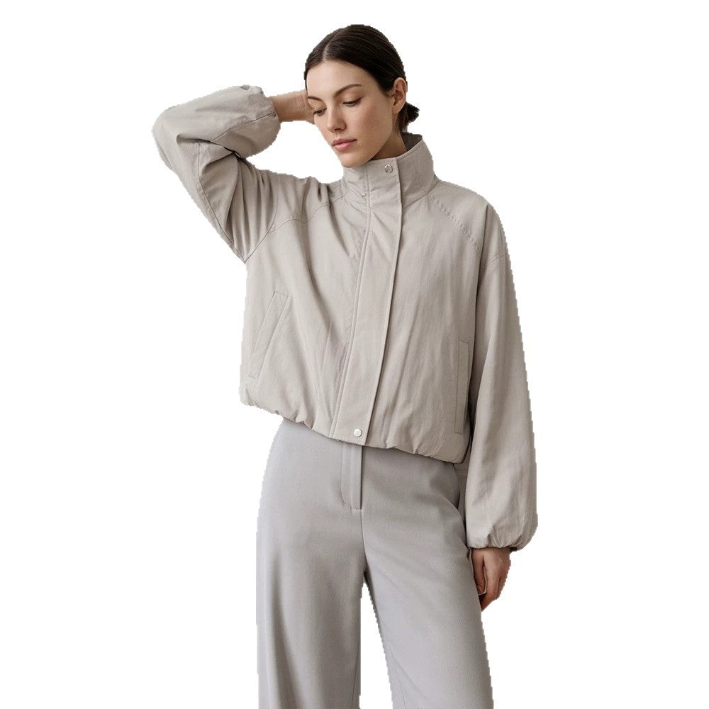 Women's Short Cut Stand Collar Bomber Jacket with Elastic Hem and Raglan Sleeves Mune Fashion