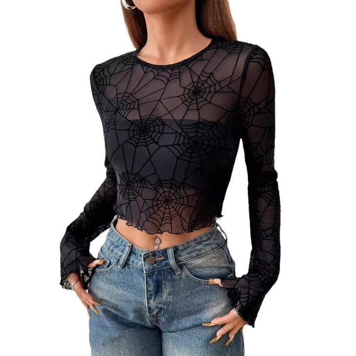 Women's transparent mesh top with velvety spider web print and cropped cut Mune Fashion