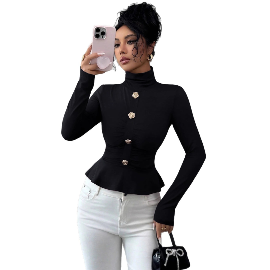 Women turtleneck fitted top with ruffle hem and gold-decorated rose buttons Mune Fashion