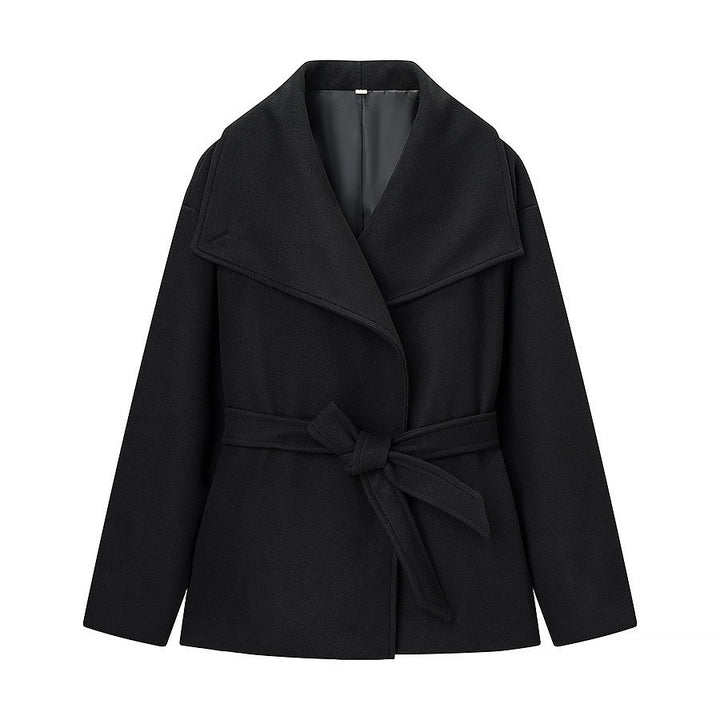Women's Short Wrap Coat with Oversized Shawl Collar and Tie Belt Mune Fashion