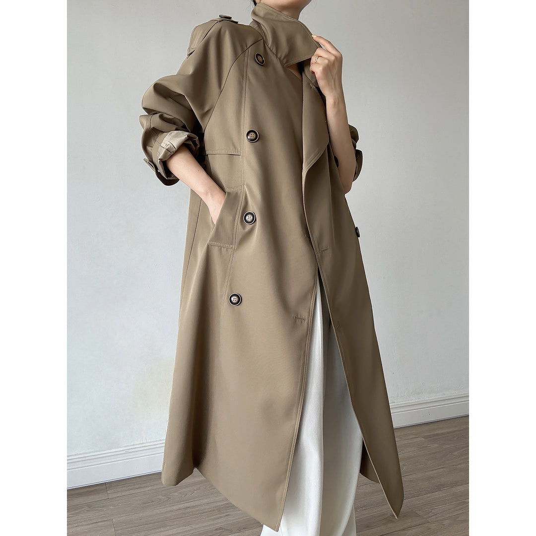 Women's Oversized Trench Coat with Raglan Sleeves and Double-Breasted Button Placket Mune Fashion
