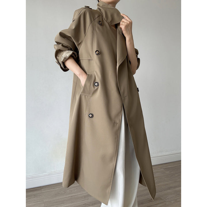 Women's Oversized Trench Coat with Raglan Sleeves and Double-Breasted Button Placket Mune Fashion