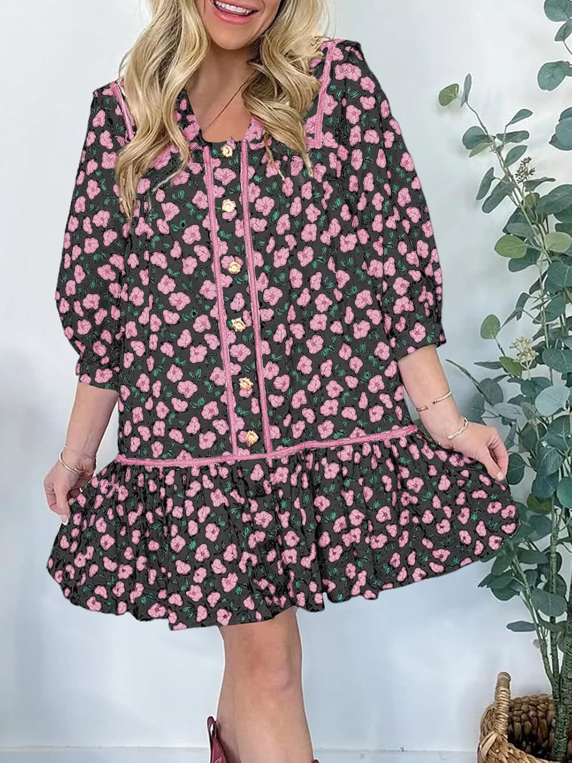 Women's Floral Mini Shirt Dress with Oversized Sailor Collar Mune Fashion