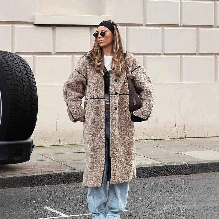 Women's Long Teddy Coat with Contrast Seams, Stand Collar and Button Placket Mune Fashion