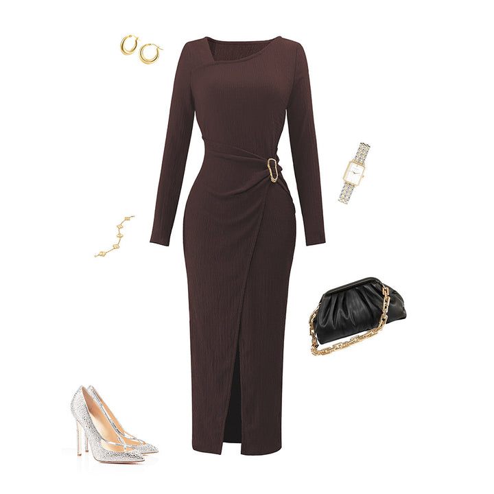 Women asymmetrical wrap midi dress with decorative belt, draping and high leg slit Mune Fashion