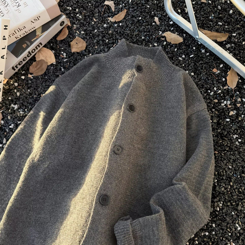 Unisex Oversized Wool Blend Cardigan with Round Neckline, Button Placket and Ribbed Hem Mune Fashion