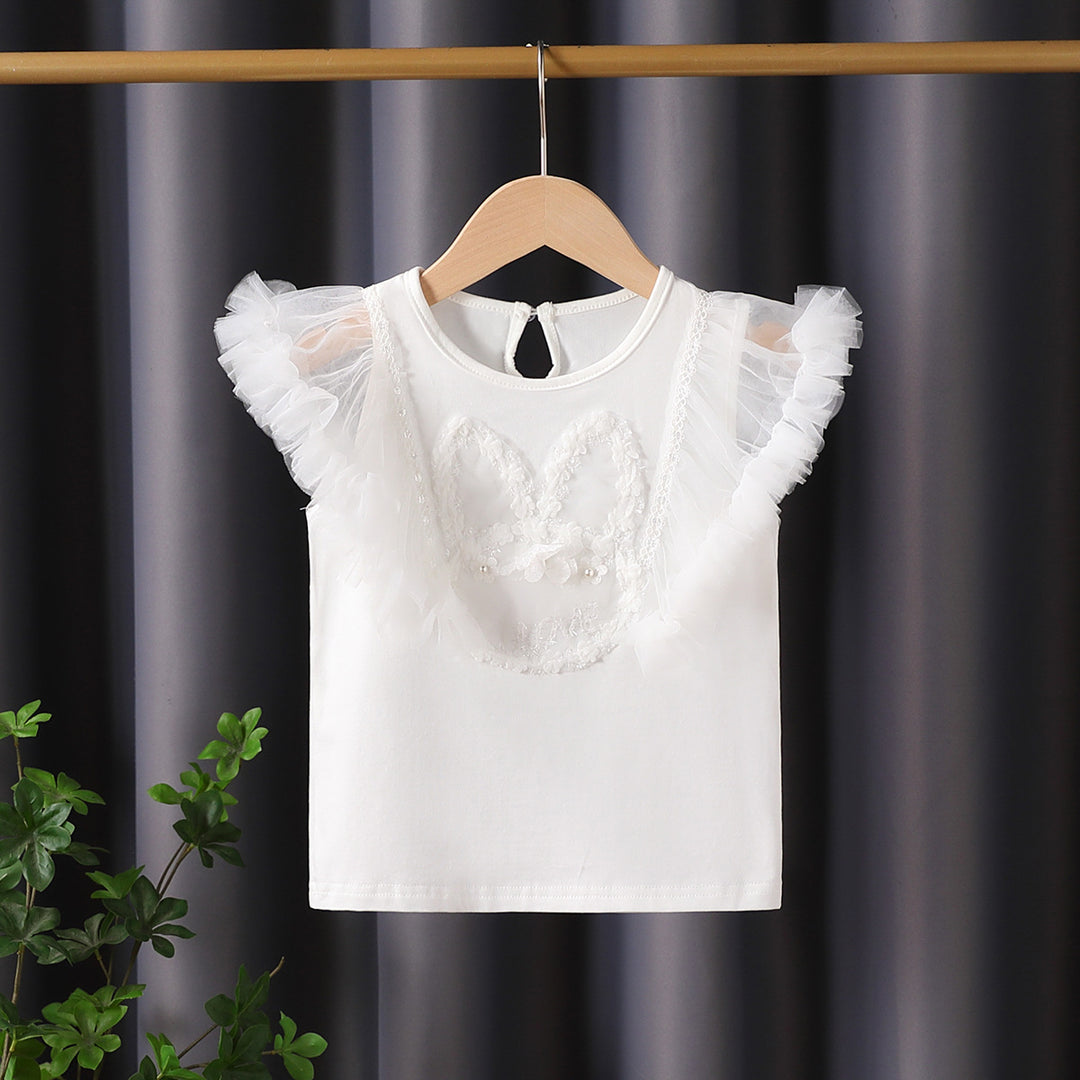 Girl T-Shirt with airy tulle sleeves and embroidered bunny motif Mune Fashion