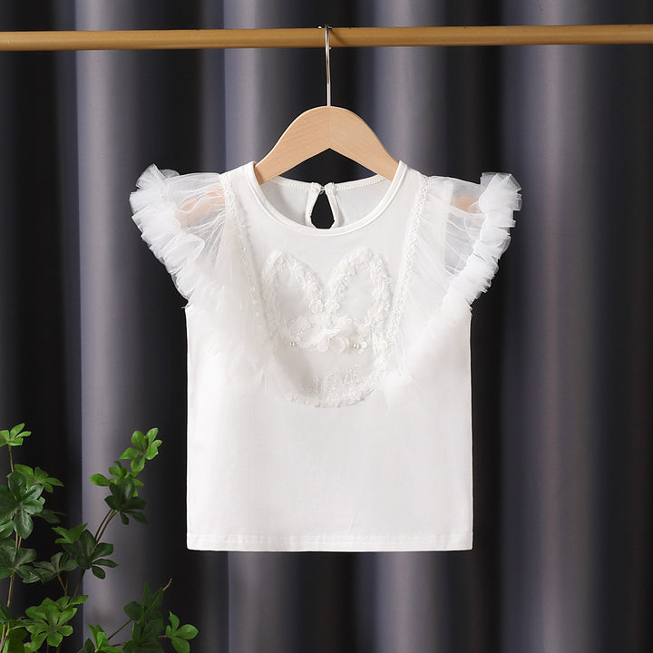 Girl T-Shirt with airy tulle sleeves and embroidered bunny motif Mune Fashion