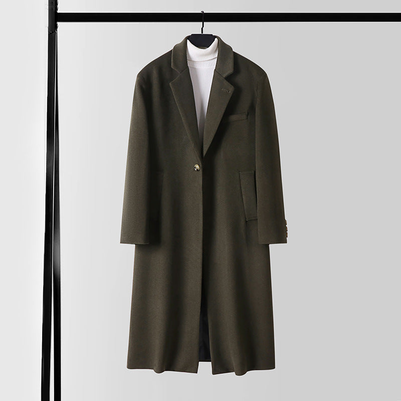 Men's Tailored Wool Blend Long Coat with Shawl Collar and One Button Closure Mune Fashion