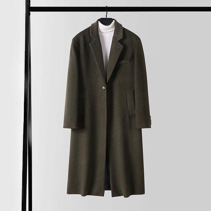 Men's Tailored Wool Blend Long Coat with Shawl Collar and One Button Closure Mune Fashion
