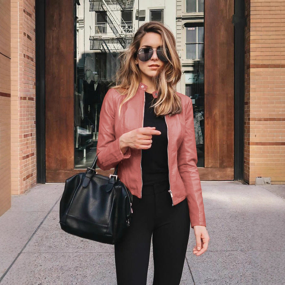 Women's tailored leather jacket with stand-up collar and concealed zipper Mune Fashion