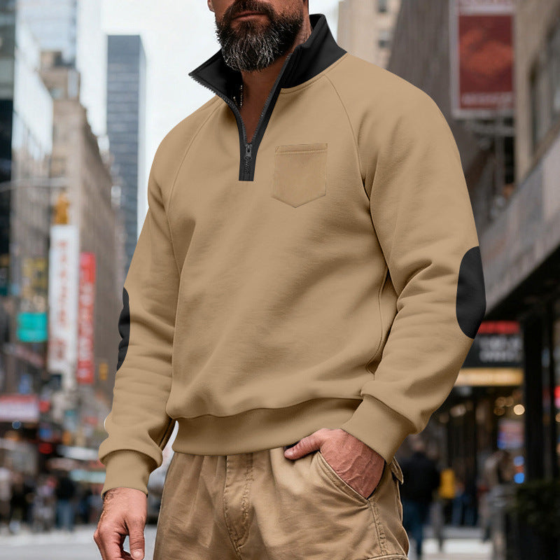 Men's Nan Quarterzip Sweatshirt with Stand-Up Collar, Contrasting Zipper, Elbow Patches, and Chest Pocket Mune Fashion