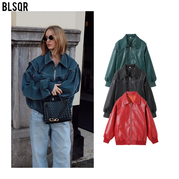 Women oversized faux leather bomber jacket with continuous zipper, oversized collar and ribbed cuffs Mune Fashion