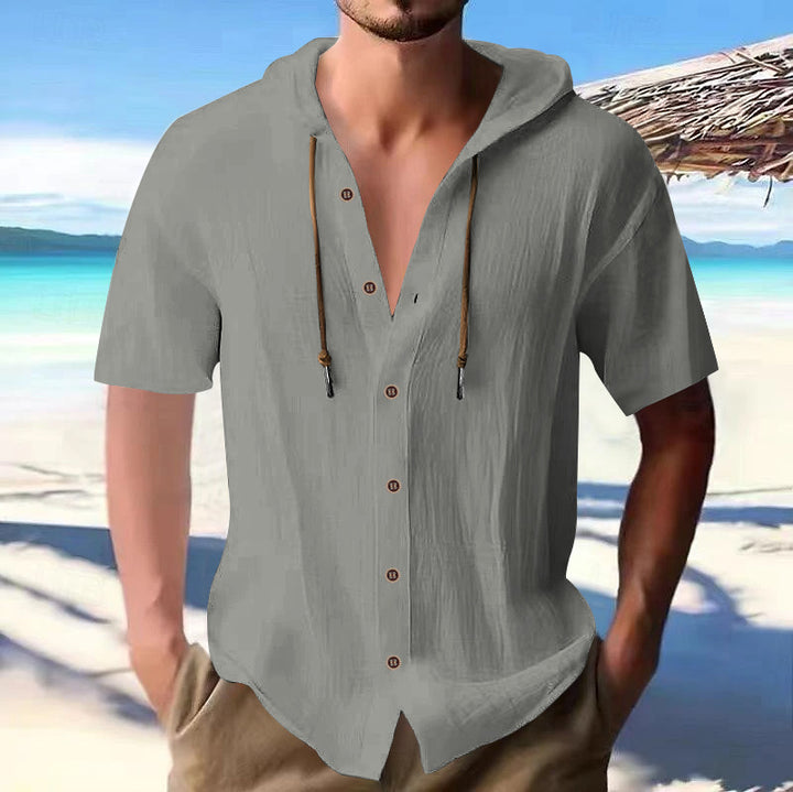 Men's lightweight short-sleeve hooded shirt with button placket and breathable cotton blend Mune Fashion