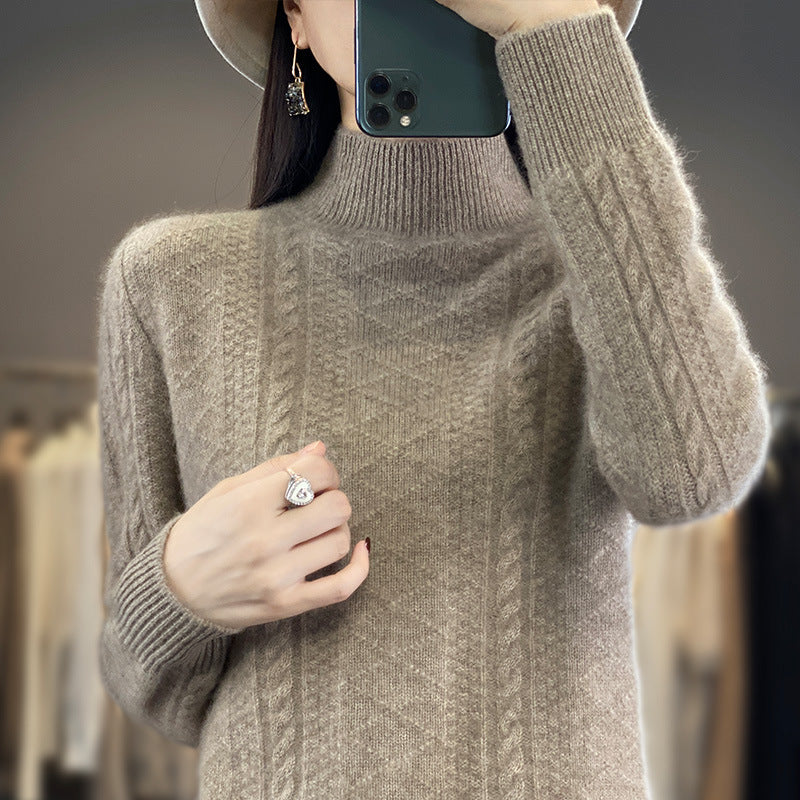 Women's Soft Cable Knit Mock Neck Sweater with Light Mohair Effect Mune Fashion
