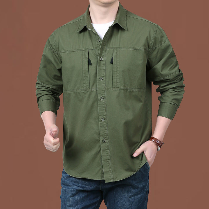 Men's lightweight cotton utility overshirt with two concealed chest pockets and classic Kent collar.