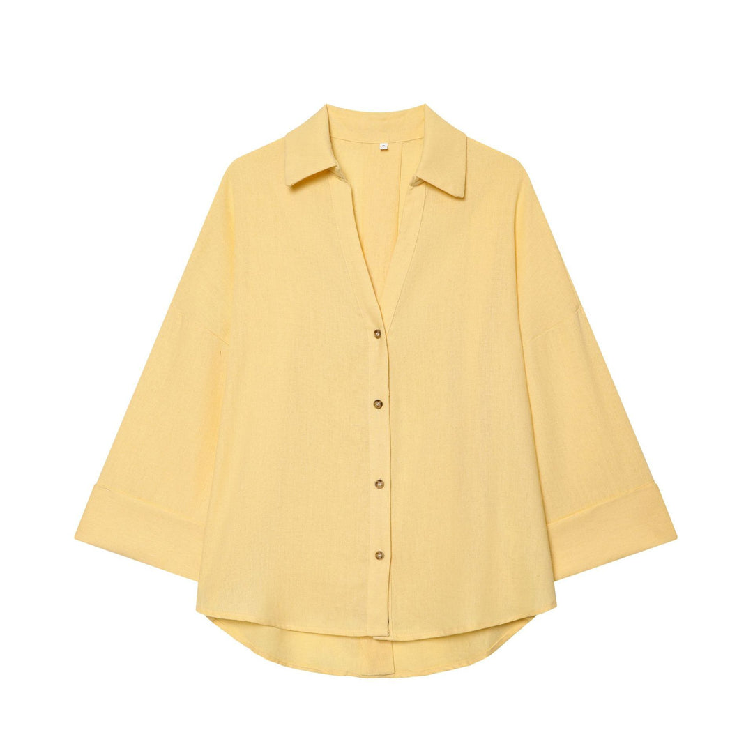 Women Oversized Linen Blouse with Kimono Sleeves and Continuous Button Placket Mune Fashion