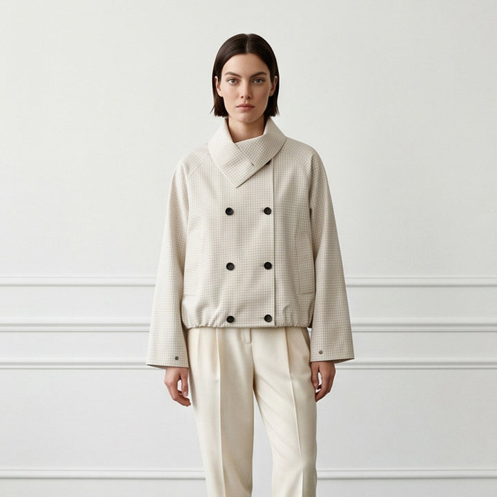 Women's Short Double-Breasted Blouson Jacket with Wrap Collar and Raglan Sleeves Mune Fashion