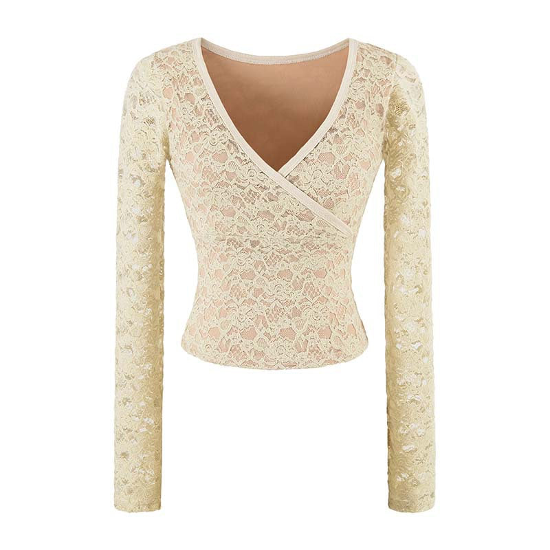 Women's Figure-hugging Lace Top with Wrap V-neck and Long Sleeves Mune Fashion