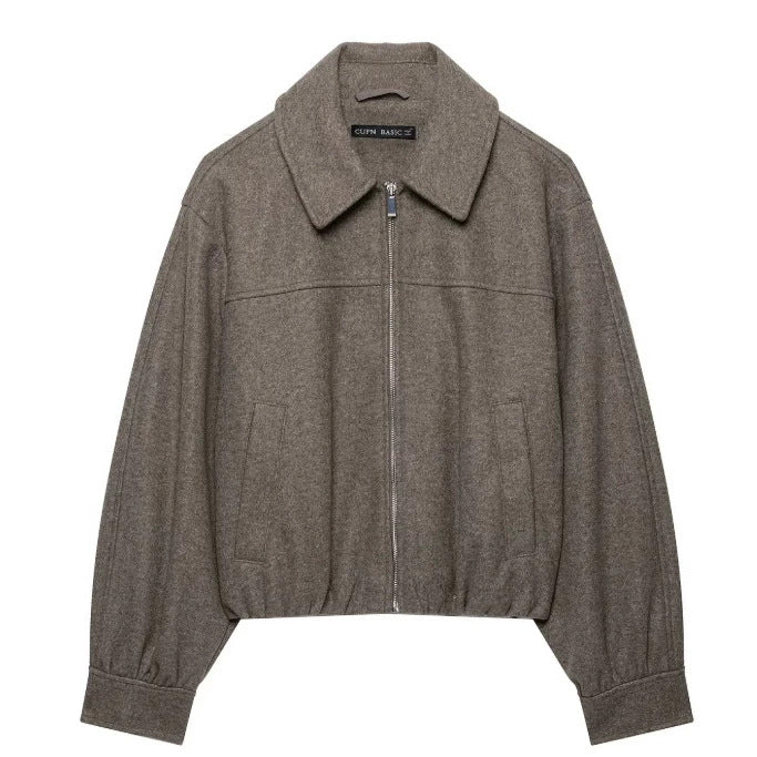 Women’s Short Cut Wool Bomber Jacket with Zipper and Elastic Hem Mune Fashion
