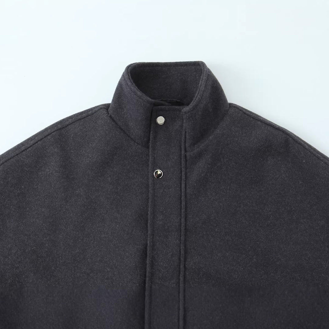 Women's short-cut wool blouson jacket with stand-up collar, snap button placket, and elastic hem Mune Fashion