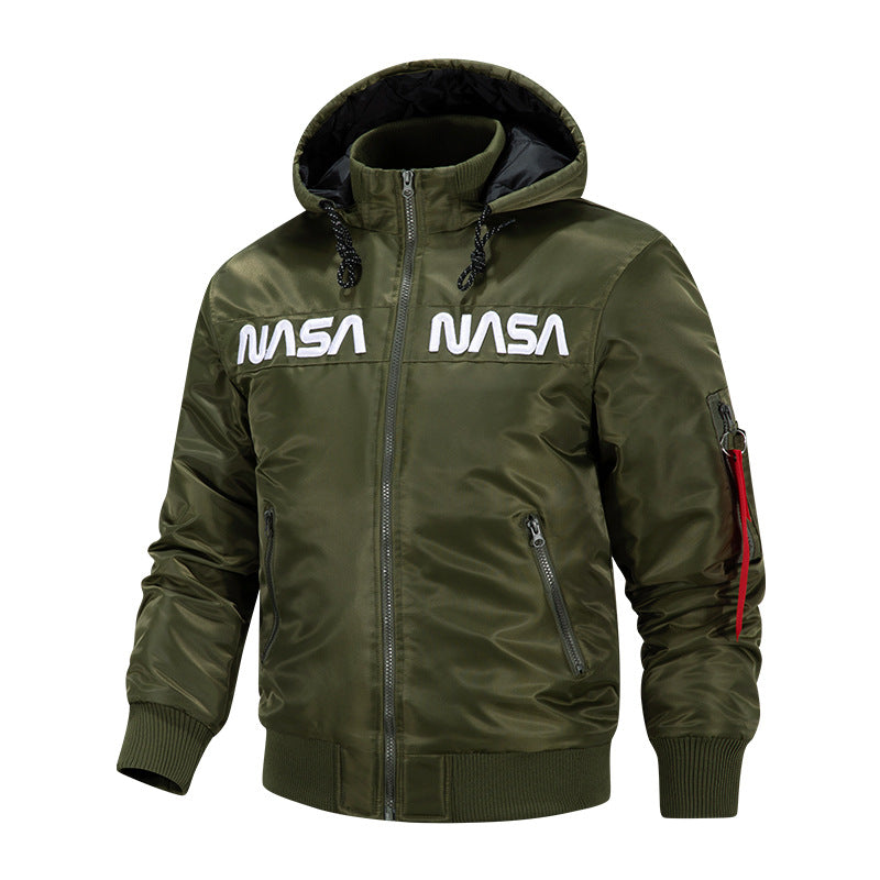 Men's  quilted-lined hooded pilot bomber with high-neck rib collar and zip sleeve utility pocket Mune Fashion