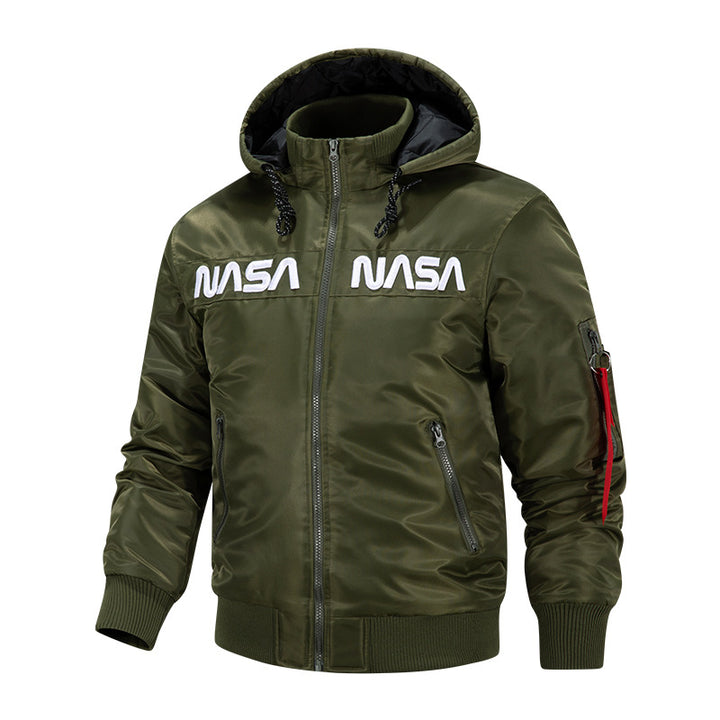 Men's  quilted-lined hooded pilot bomber with high-neck rib collar and zip sleeve utility pocket Mune Fashion