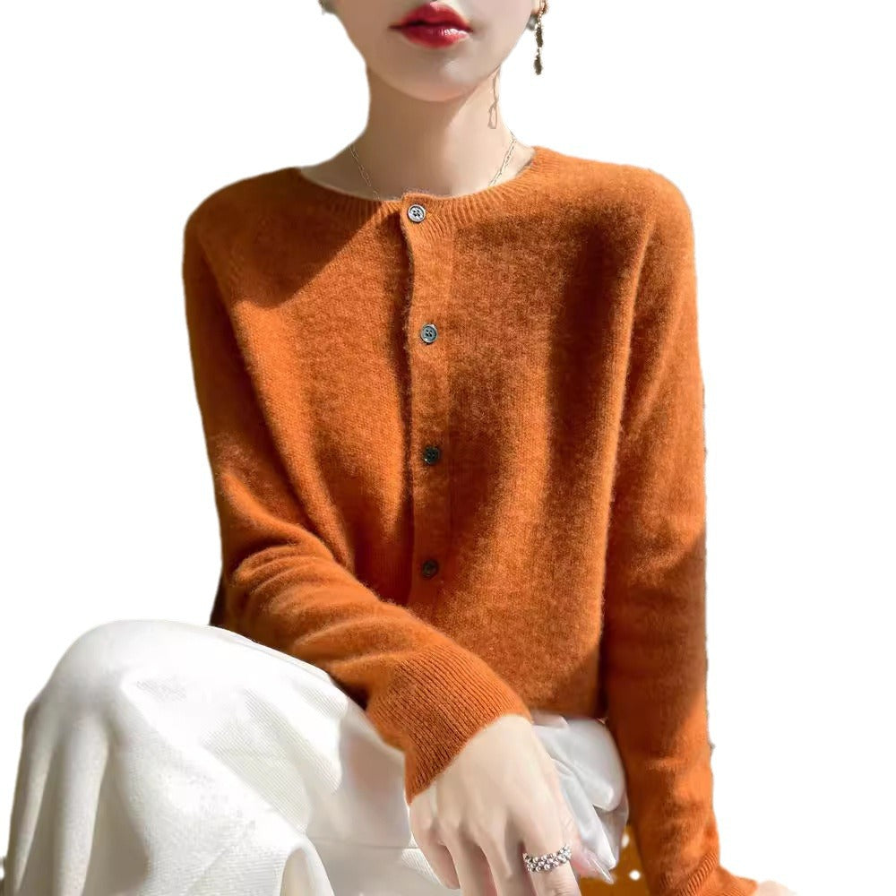 Women's Short-Cut Fine Knit Cardigan with Round Neck and Shimmering Button Placket Mune Fashion