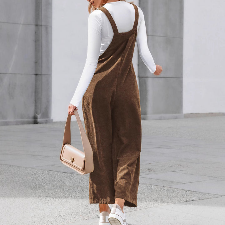 Women's Casual Corduroy Overall Pants with Wide Leg & Adjustable Straps Mune Fashion