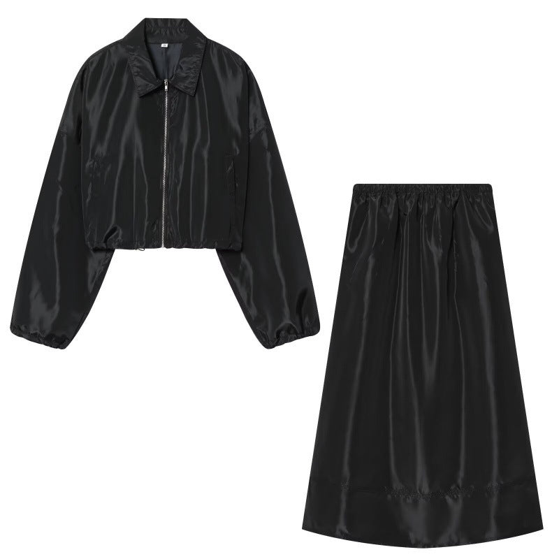 Women Cropped Bomber Jacket made of Satin Look with Zipper and Elastic Hem Mune Fashion