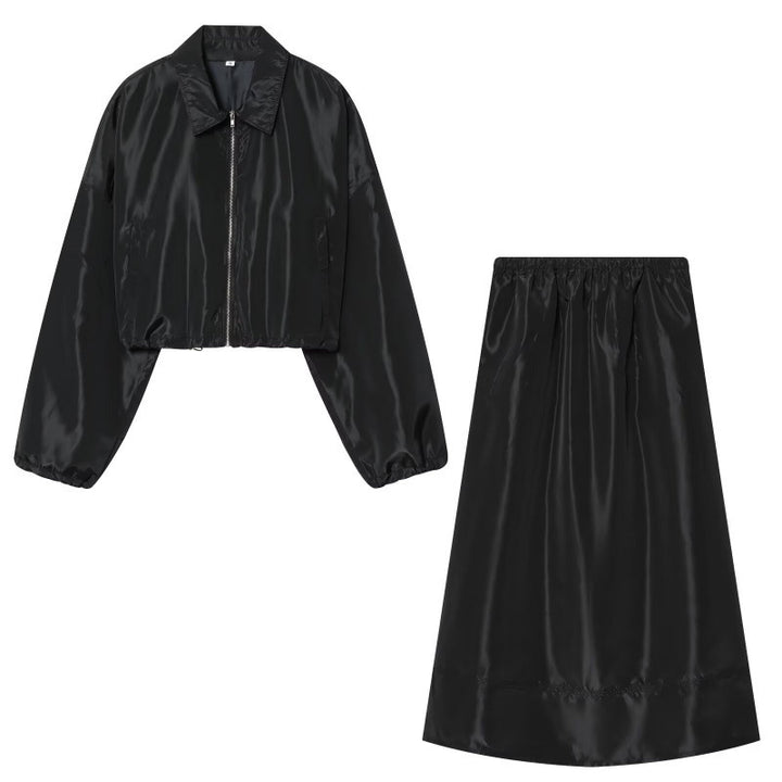 Women Cropped Bomber Jacket made of Satin Look with Zipper and Elastic Hem Mune Fashion